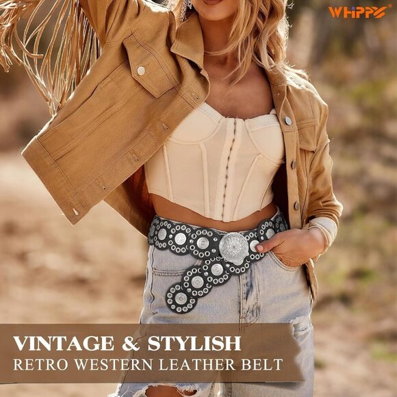 Women Vintage Disc Waist Concho Leather Belt Boho Waist Belt Black Silver Buckle main image 7